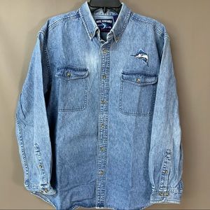 Reel Legends Denim Long Sleeve Shirt with Embroidered Marlin on chest. Large